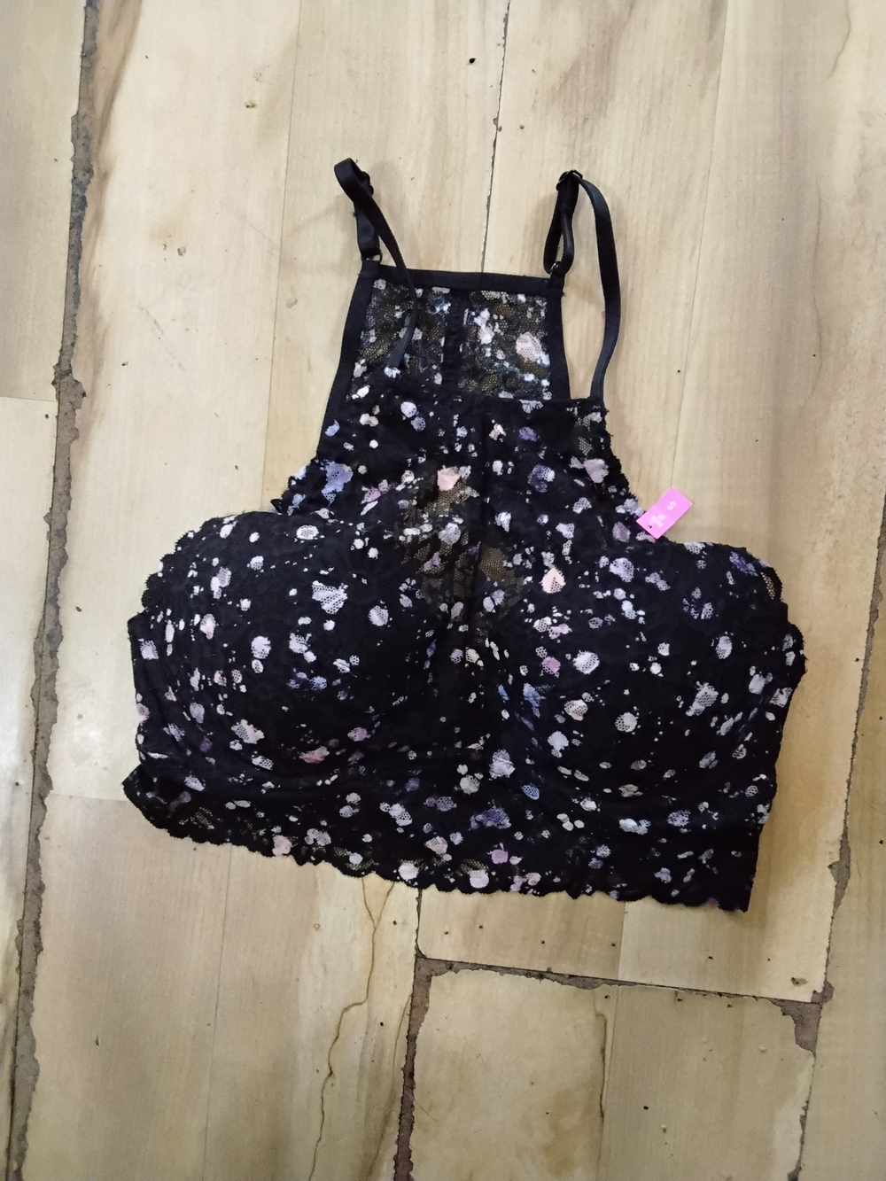 PINK Victoria's Secret Black Floral Lace Bralette with Pink & Purple Accents